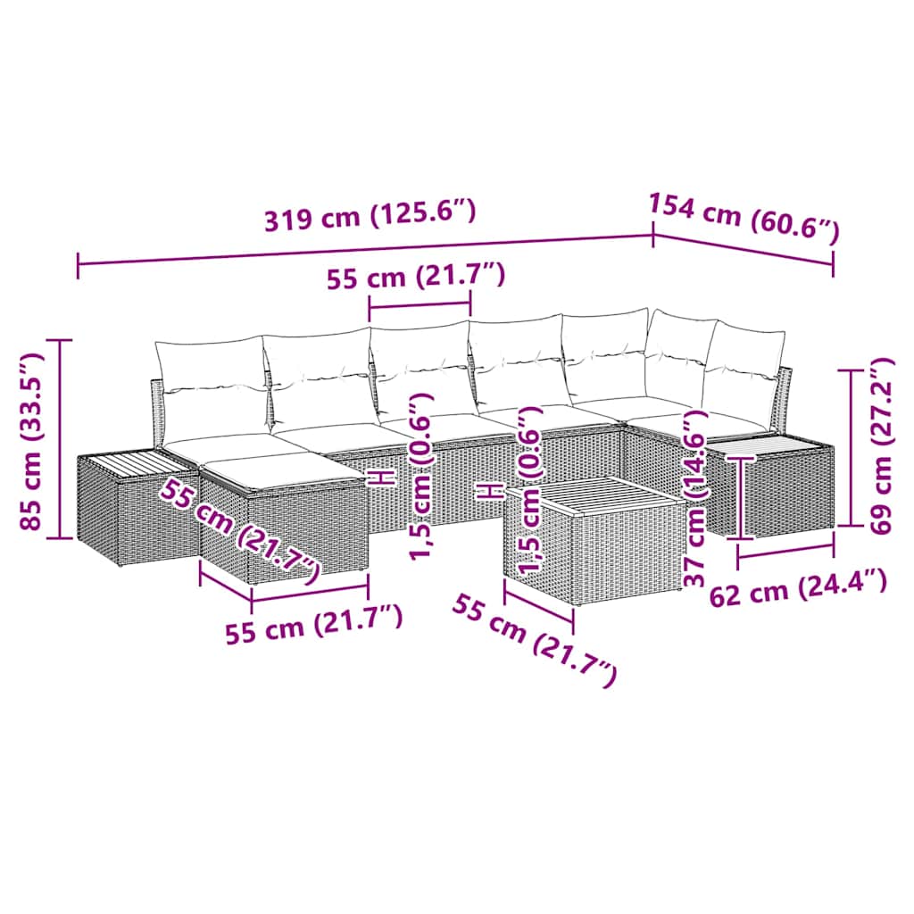 Kerti Kanapé Szett párnával 8 pcs Fekete Poli rattan