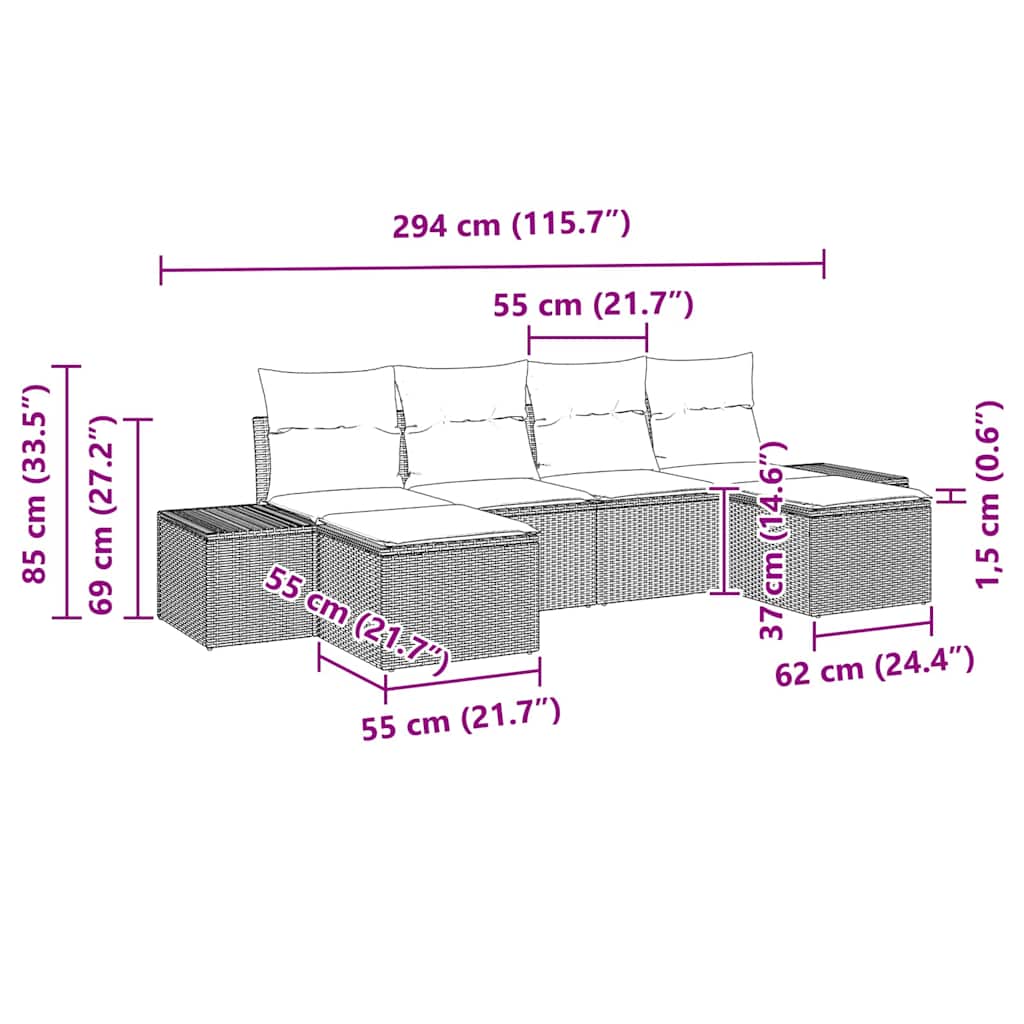 Kerti Kanapé Szett párnával 6 pcs Szürke polirattan