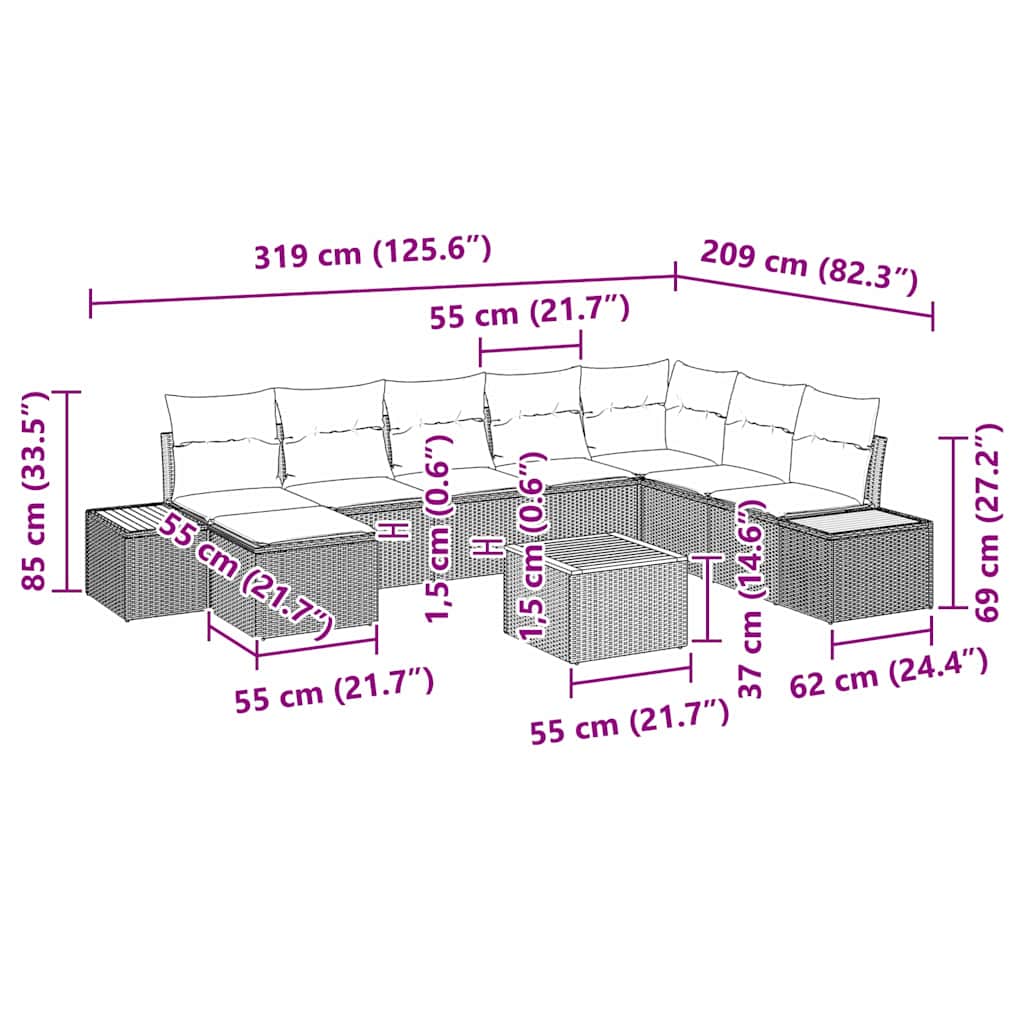 Kerti Kanapé Szett párnával 9 pcs Bézs Poli rattan