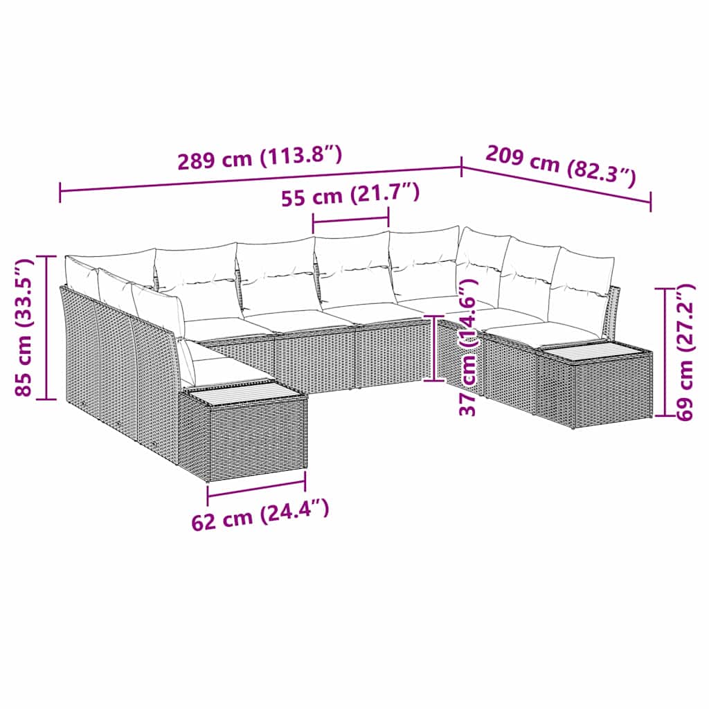 Kerti Kanapé Szett párnával 9 pcs Szürke Poli rattan