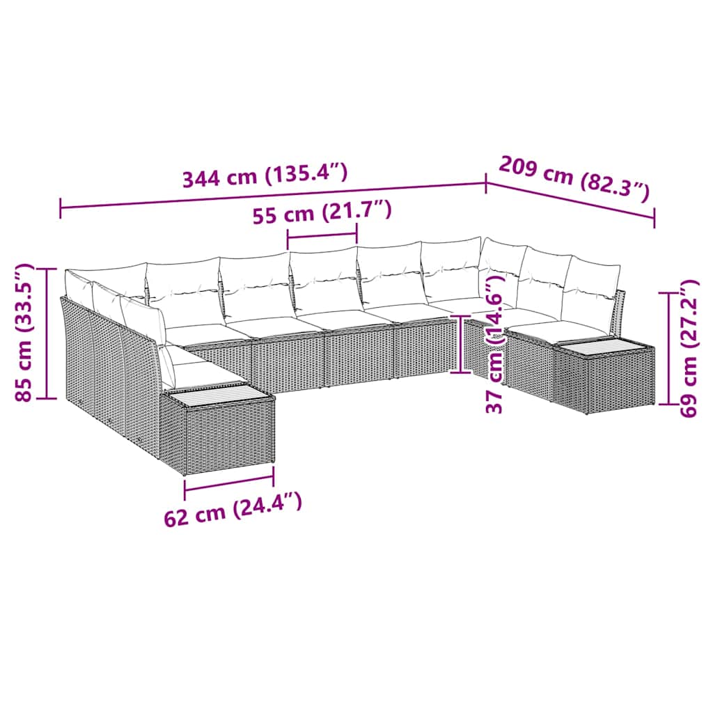 Kerti Kanapé Szett párnával 10 pcs Szürke Poli rattan