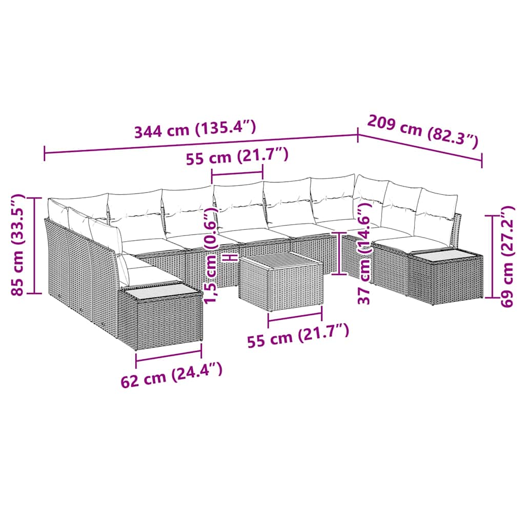 Kerti Kanapé Szett párnával 11 pcs Fekete Poli rattan