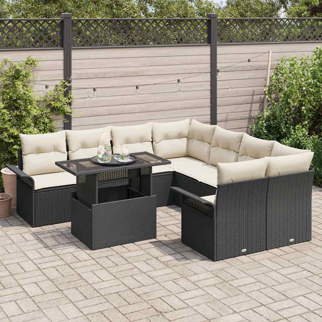 Kerti Kanapé Szett párnával 9 pcs Fekete Poli rattan