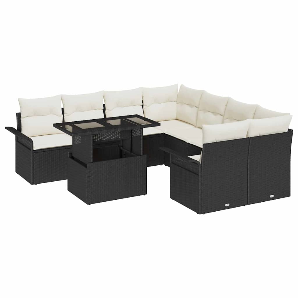 Kerti Kanapé Szett párnával 9 pcs Fekete Poli rattan