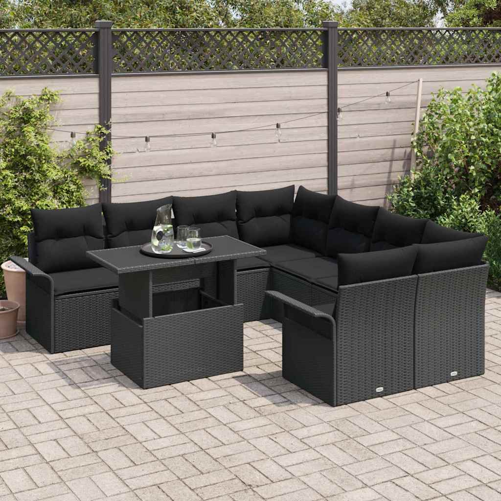 Kerti Kanapé Szett párnával 9 pcs Fekete Poli rattan