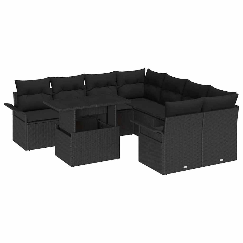 Kerti Kanapé Szett párnával 9 pcs Fekete Poli rattan