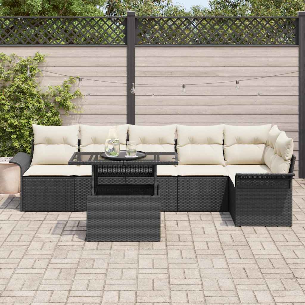 Kerti Kanapé Szett párnával 7 pcs Fekete Poli rattan