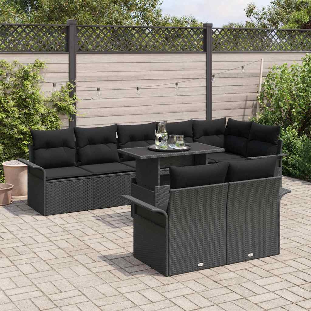 Kerti Kanapé Szett párnával 9 pcs Fekete Poli rattan