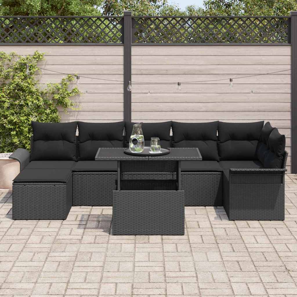 Kerti Kanapé Szett párnával 8 pcs Fekete Poli rattan