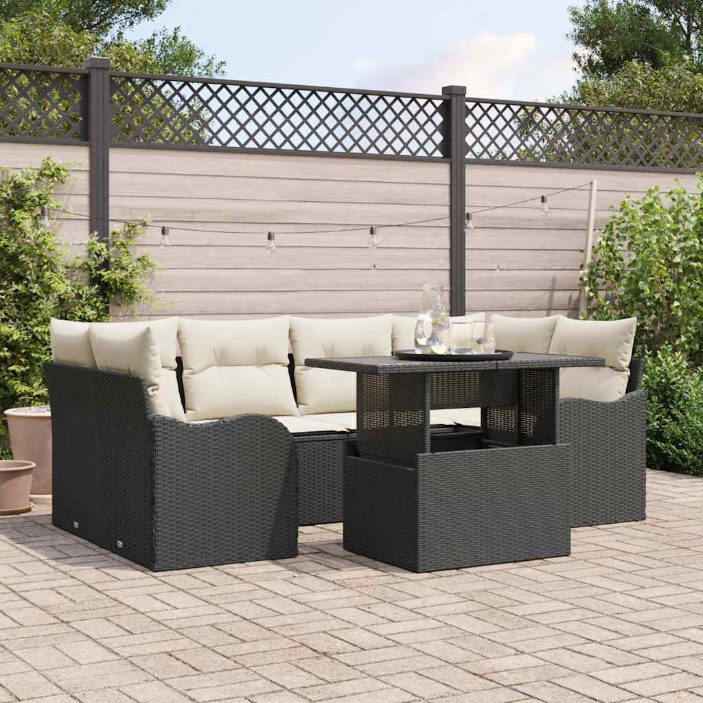 Kerti Kanapé Szett párnával 7 pcs Fekete Poli rattan