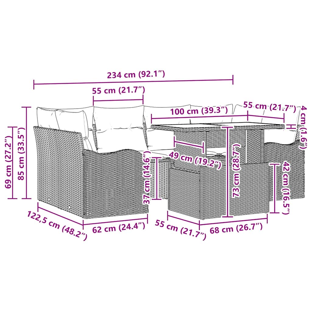 Kerti Kanapé Szett párnával 7 pcs Fekete Poli rattan