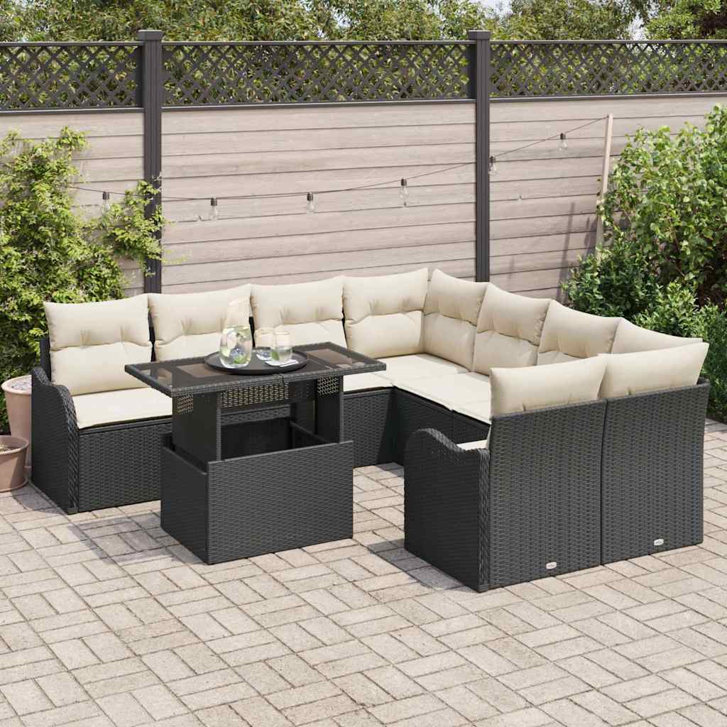 Kerti Kanapé Szett párnával 9 pcs Fekete Poli rattan