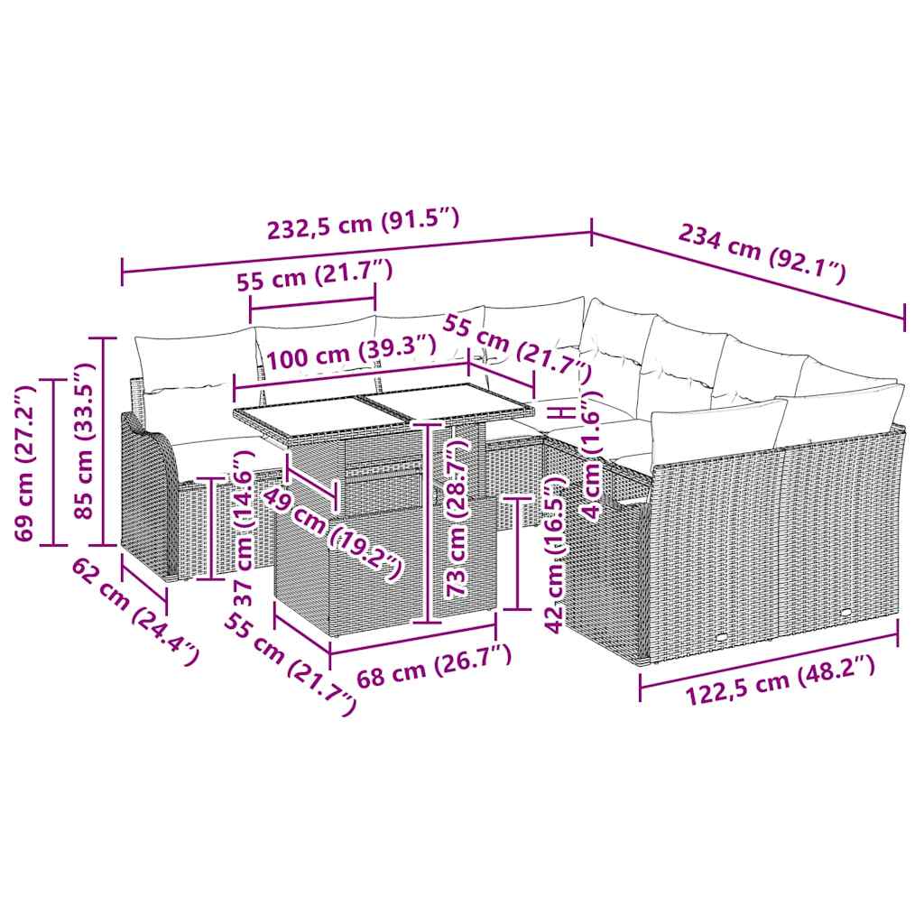 Kerti Kanapé Szett párnával 9 pcs Bézs Poli rattan