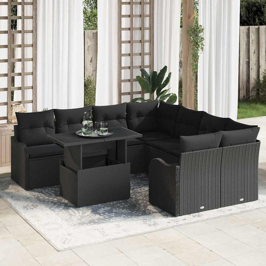 Kerti Kanapé Szett párnával 9 pcs Fekete Poli rattan