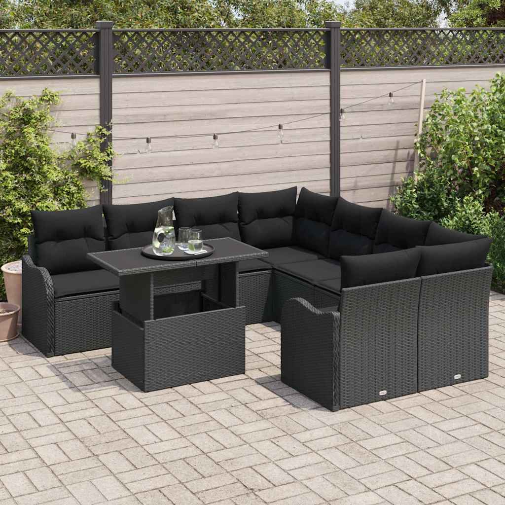 Kerti Kanapé Szett párnával 9 pcs Fekete Poli rattan