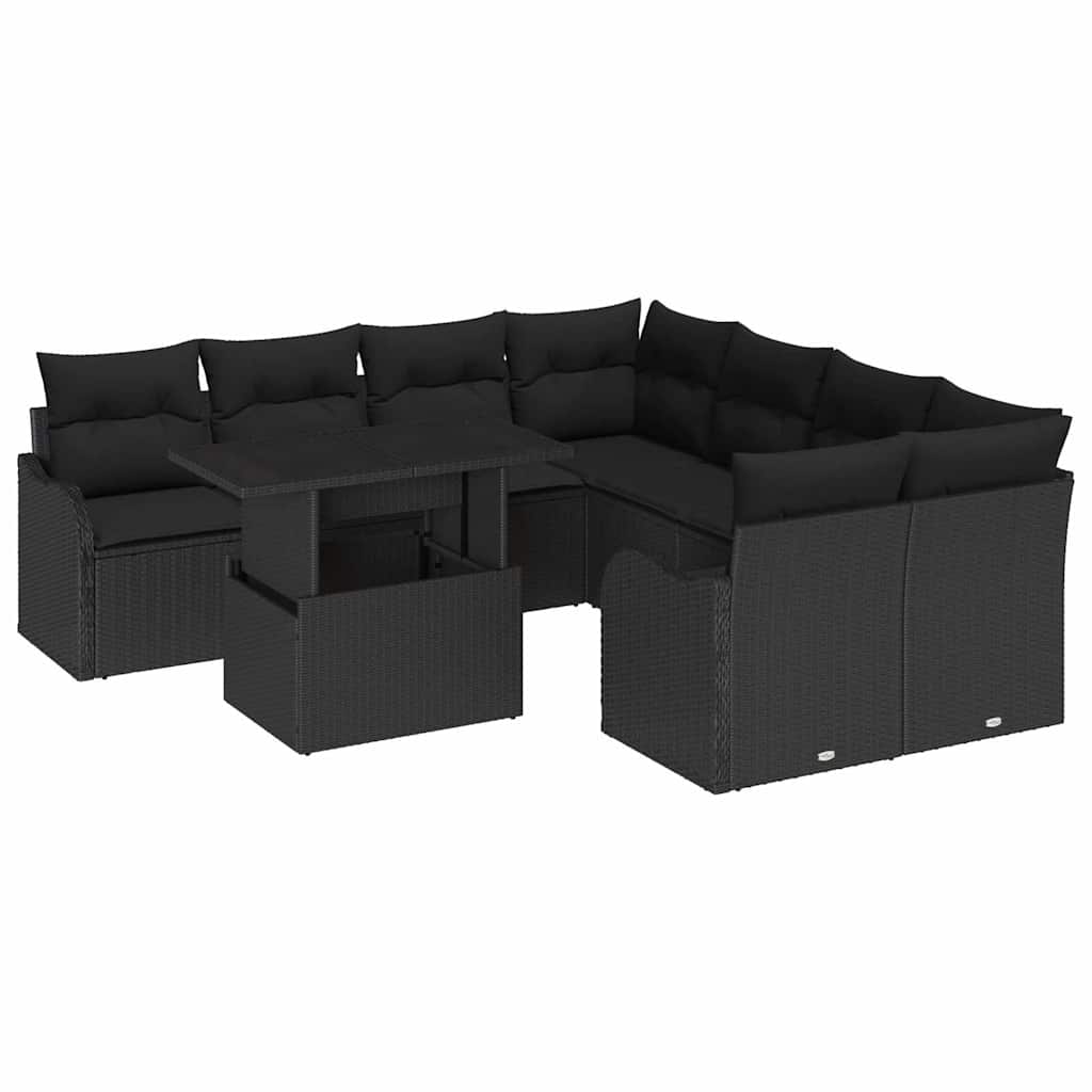 Kerti Kanapé Szett párnával 9 pcs Fekete Poli rattan