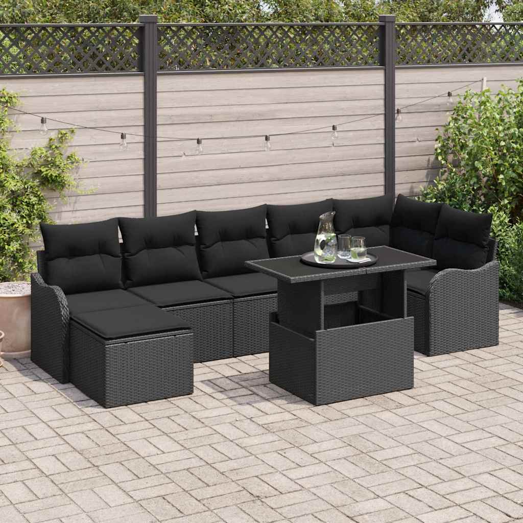 Kerti Kanapé Szett párnával 8 pcs Fekete Poli rattan
