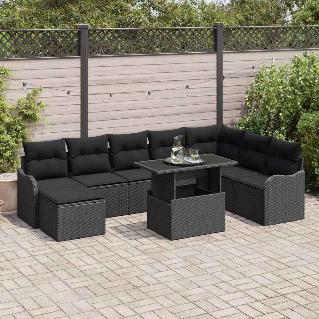 Kerti Kanapé Szett párnával 9 pcs Fekete Poli rattan