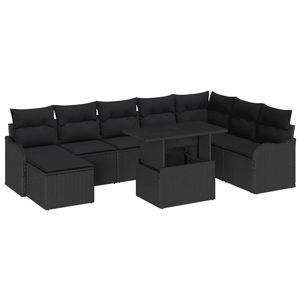 Kerti Kanapé Szett párnával 9 pcs Fekete Poli rattan