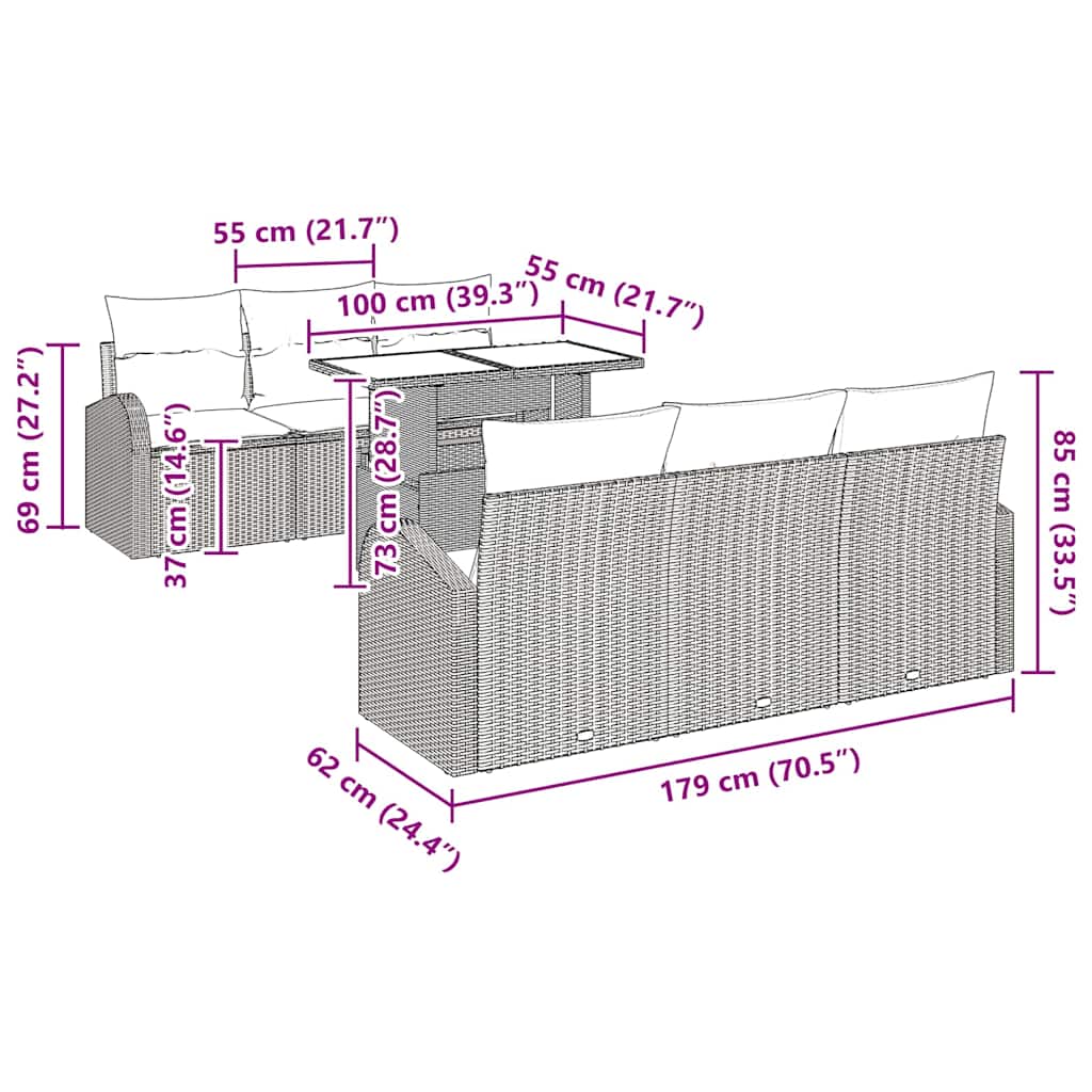 Kerti Kanapé Szett párnával 7 pcs Fekete Poli rattan
