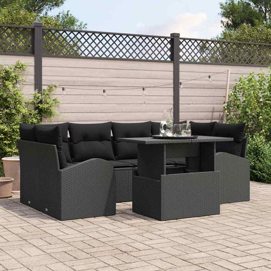 Kerti Kanapé Szett párnával 7 pcs Fekete Poli rattan