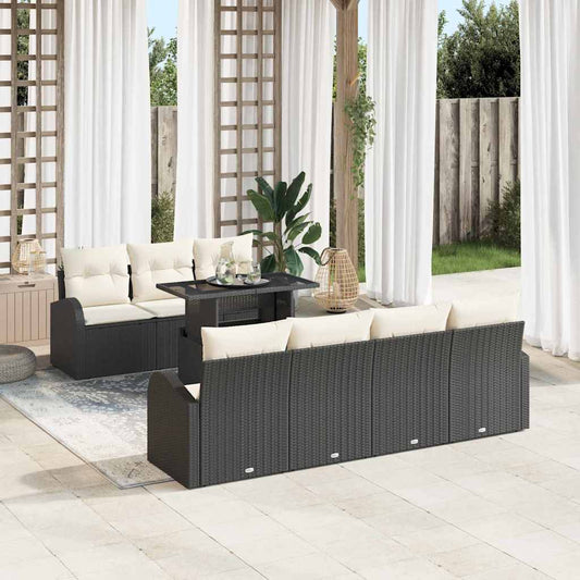 Kerti Kanapé Szett párnával 8 pcs Fekete Poli rattan