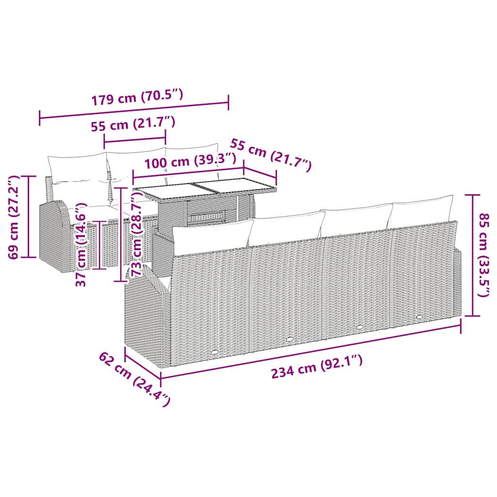 Kerti Kanapé Szett párnával 8 pcs Szürke Poli rattan