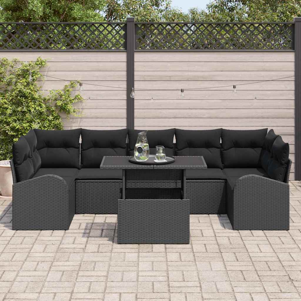 Kerti Kanapé Szett párnával 8 pcs Fekete Poli rattan