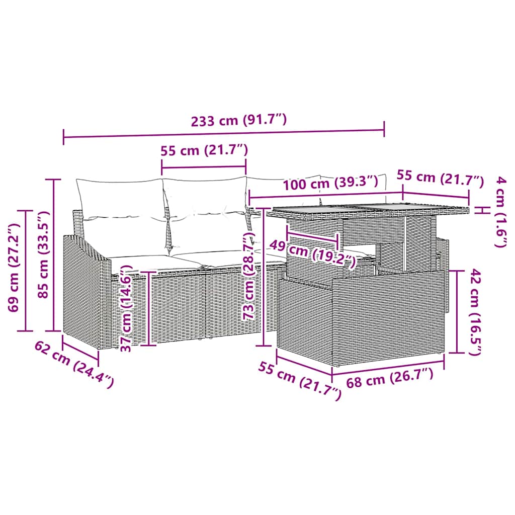 Kerti Kanapé Szett 5 pcs Fekete Poli rattan