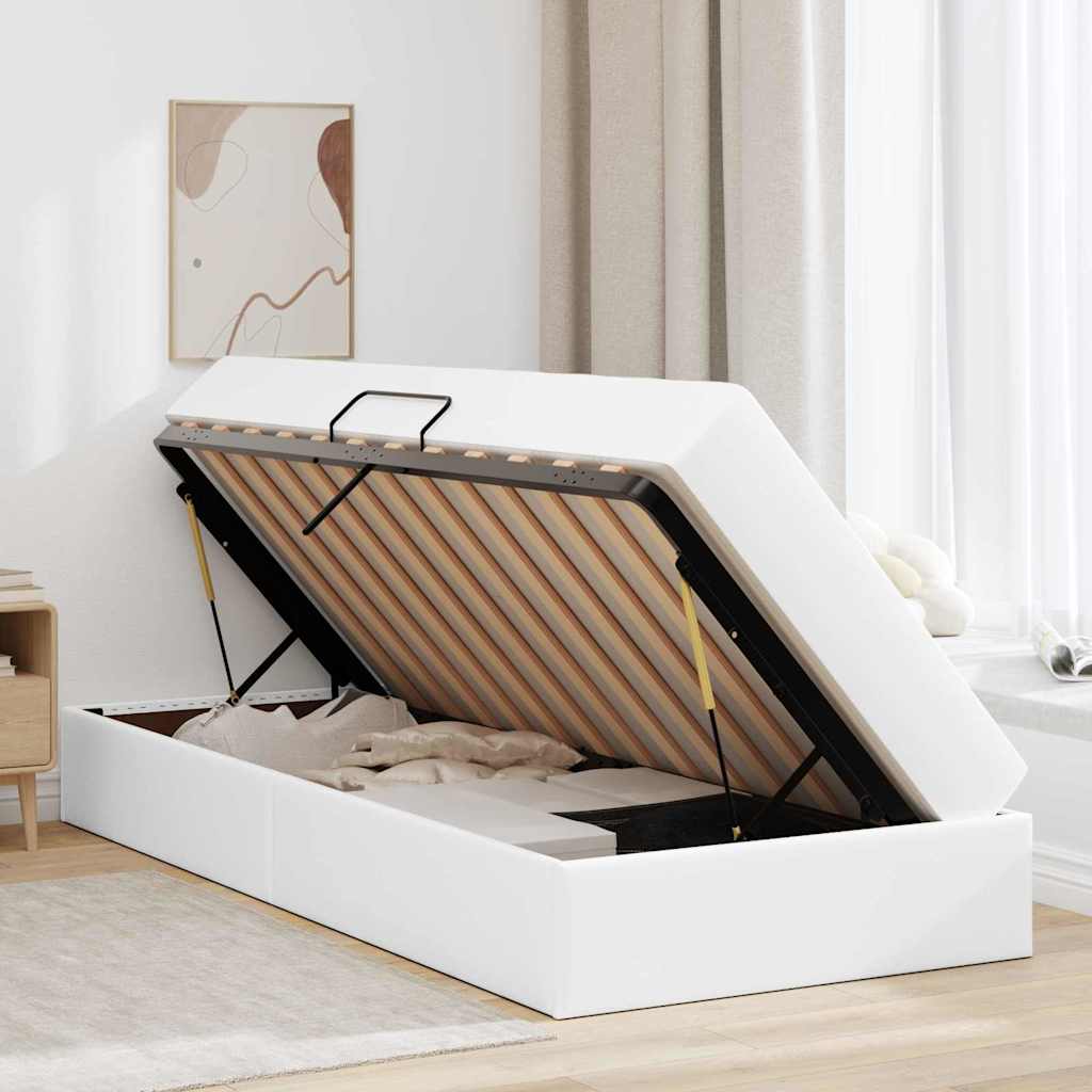 Ágy tárolóval és matraccal matracmal tárolóval 2 pcs Fehér Bőr