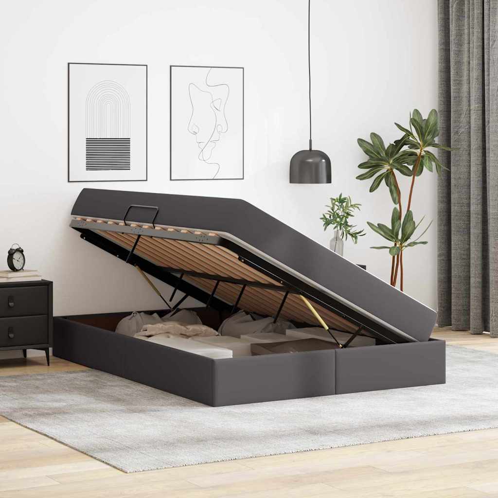 Ágy tárolóval és matraccal matracmal tárolóval 2 pcs Szürke Bőr