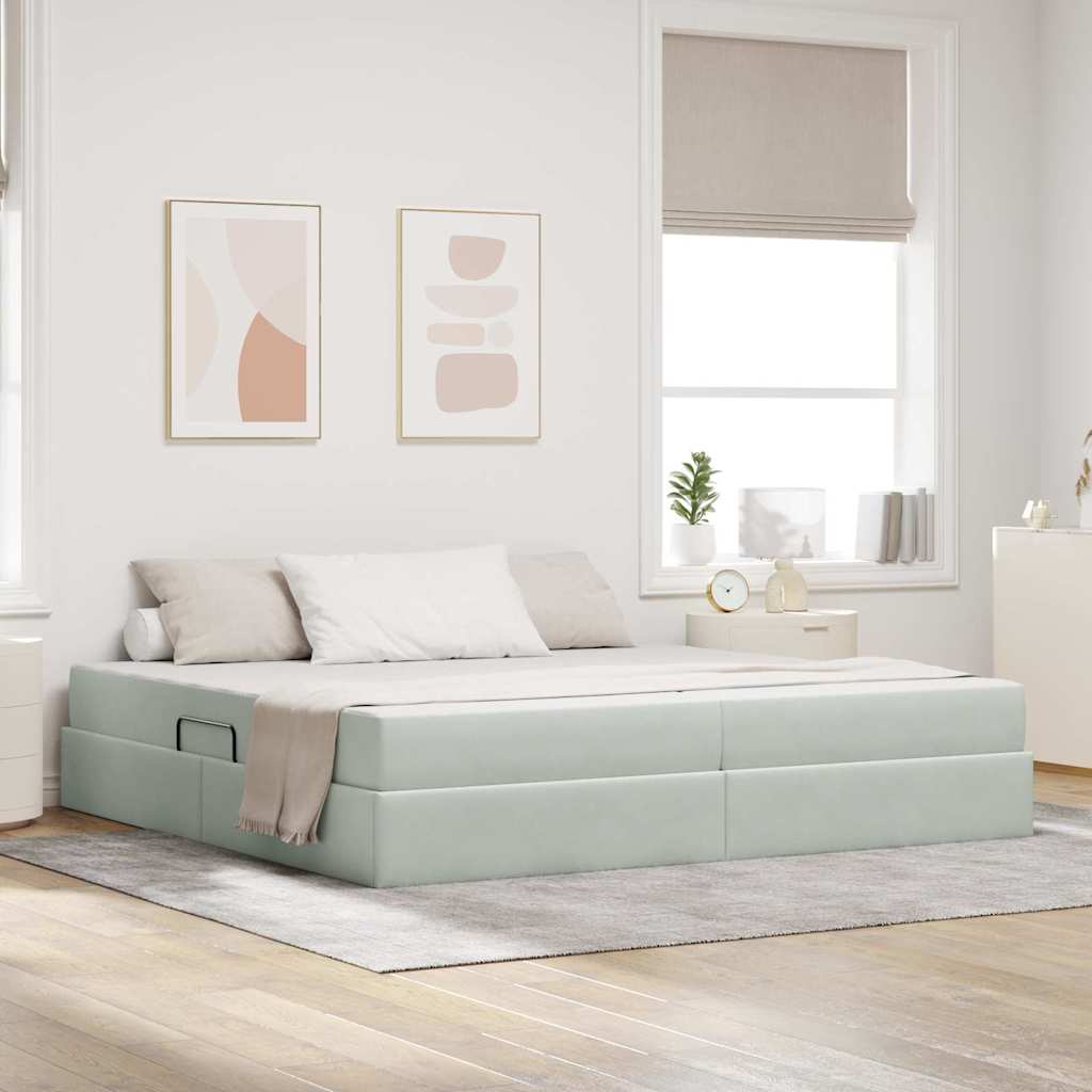 Ágy tárolóval és matraccal Világosszürke 200 x 200 cm Bársony