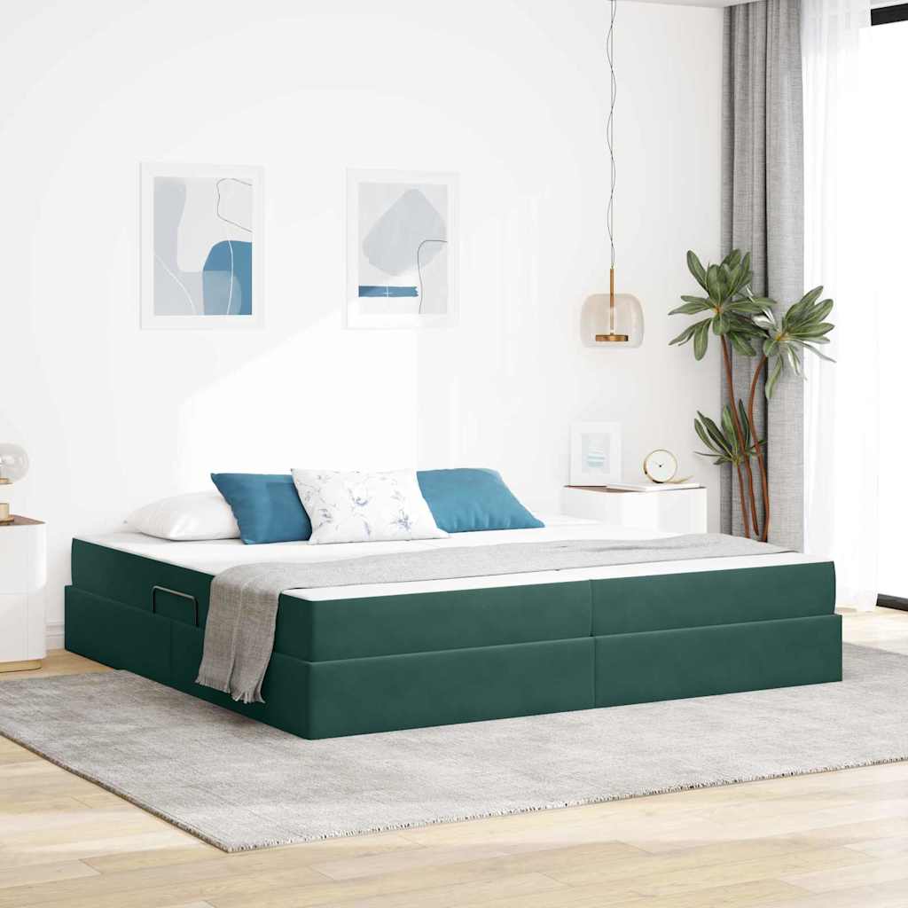 Ágy tárolóval és matraccal Sötétzöld 200 x 200 cm Bársony
