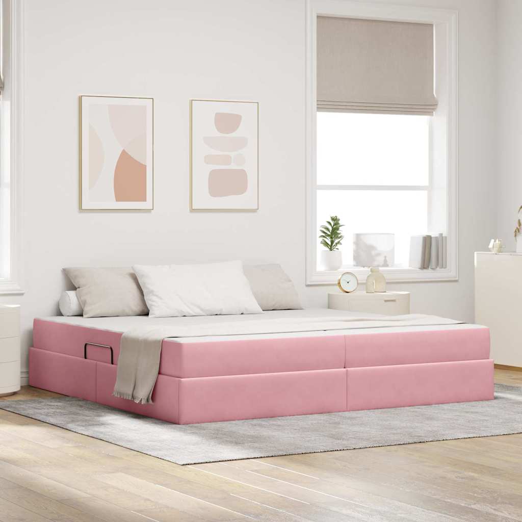Ágy tárolóval és matraccal Rózsaszín 200 x 200 cm Bársony