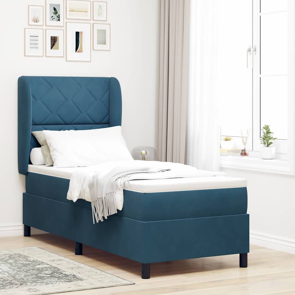 Boxrugós ágy fejtámlával Sötét kék 200 x 80 cm Bársony