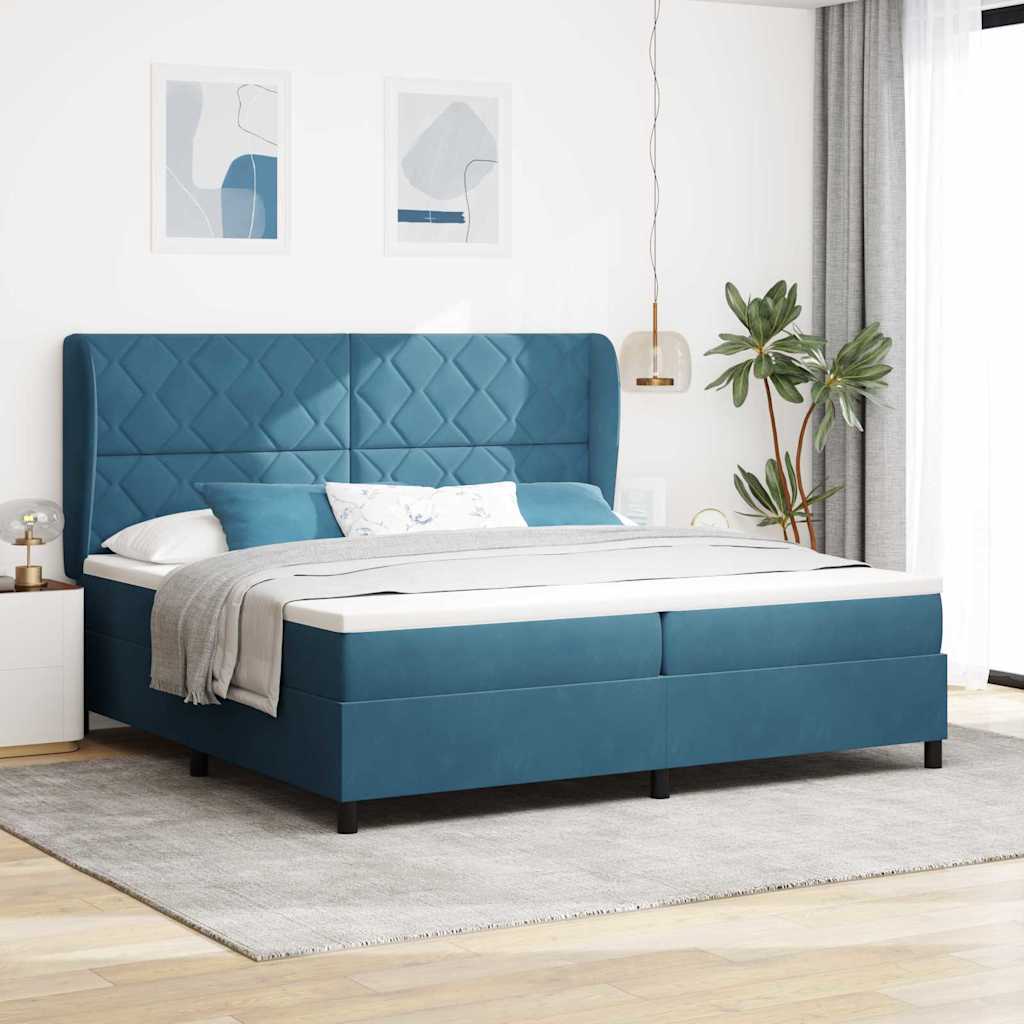 Boxrugós ágy fejtámlával Sötét kék 200 x 200 cm Bársony
