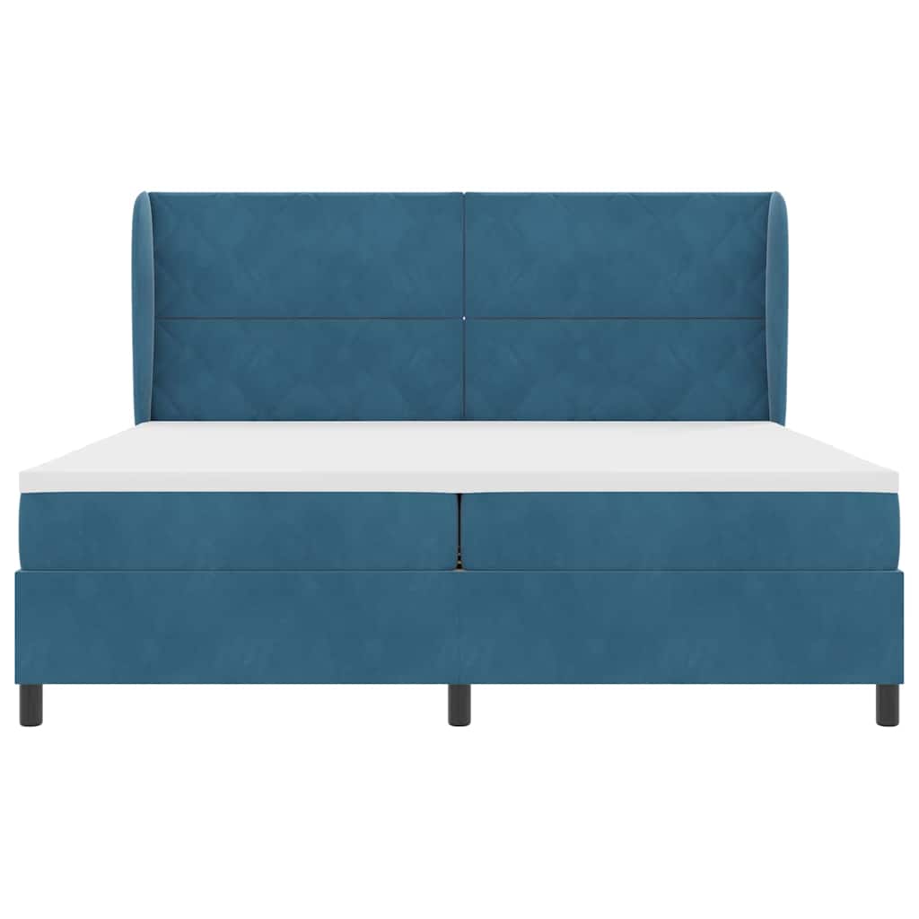 Boxrugós ágy fejtámlával Sötét kék 200 x 200 cm Bársony