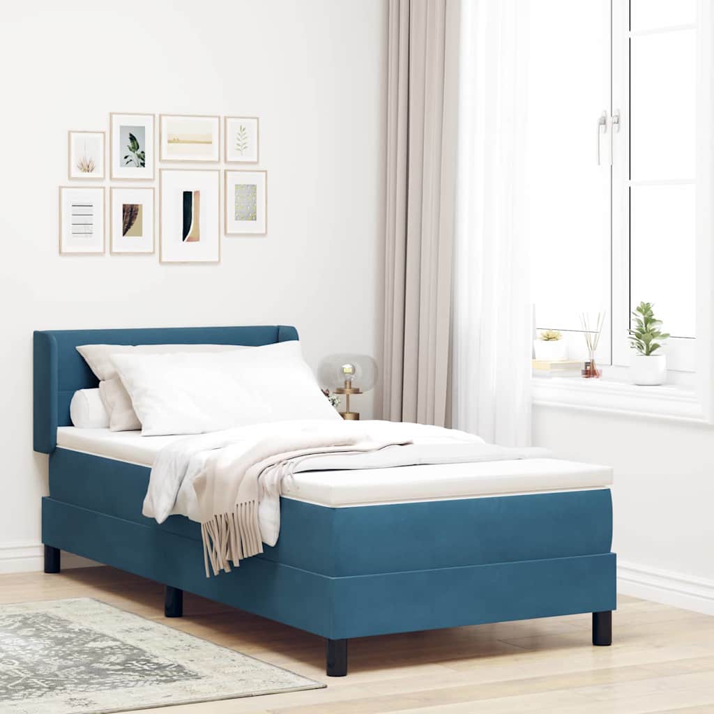Boxrugós ágy fejtámlával Sötét kék 200 x 100 cm Bársony