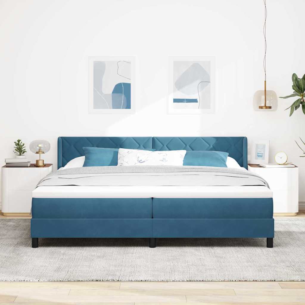 Boxrugós ágy fejtámlával Sötét kék 200 x 200 cm Bársony