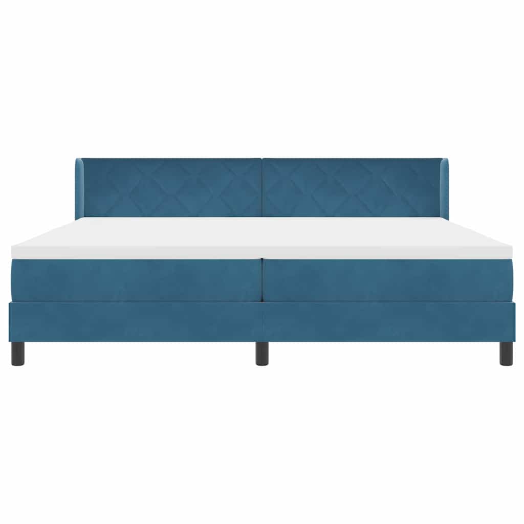 Boxrugós ágy fejtámlával Sötét kék 200 x 200 cm Bársony