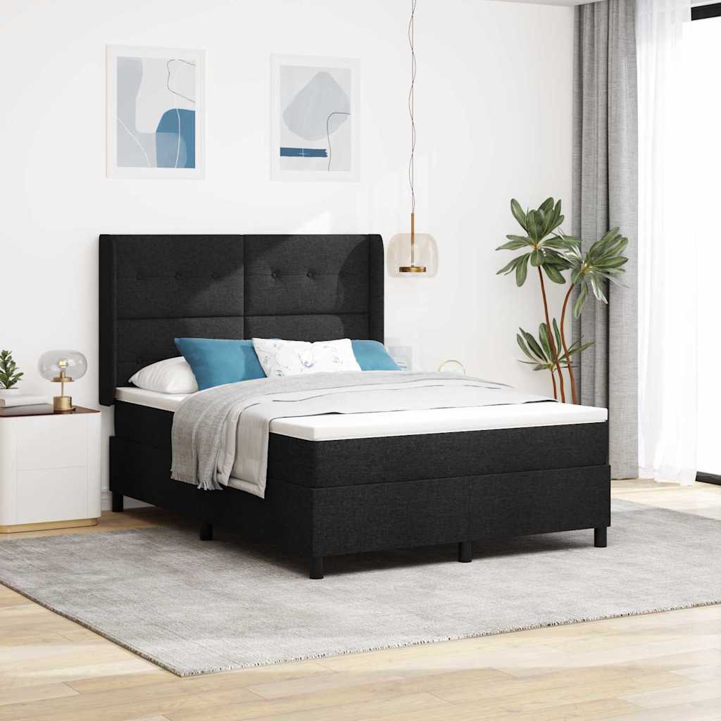 Boxrugós ágy párnával fejtámlával Fekete 190 x 140 cm szövet