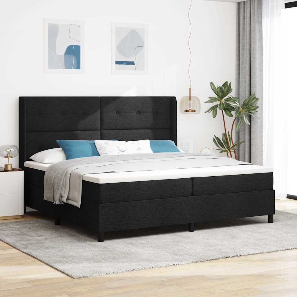 Boxrugós ágy párnával fejtámlával Fekete 200 x 200 cm szövet