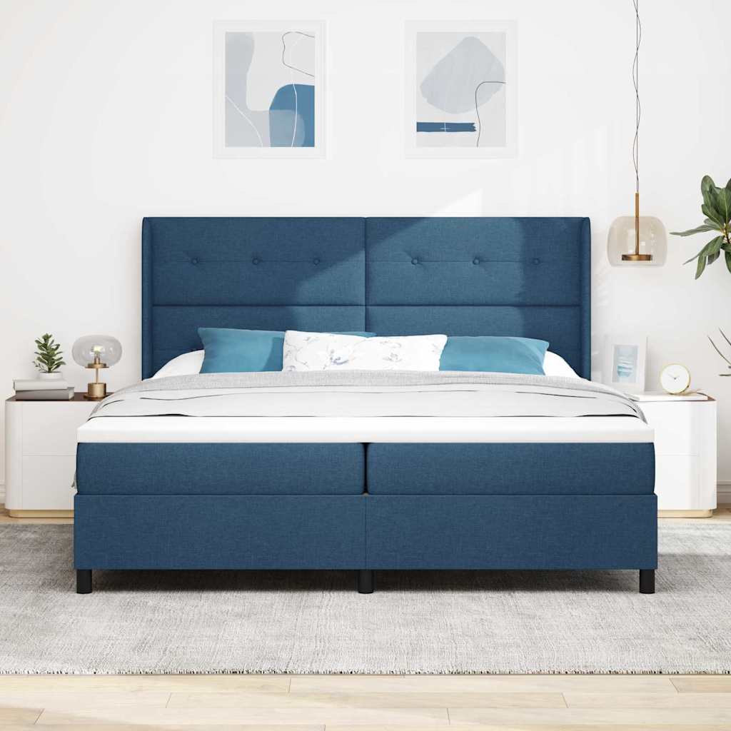 Boxrugós ágy párnával fejtámlával Kék 200 x 200 cm szövet