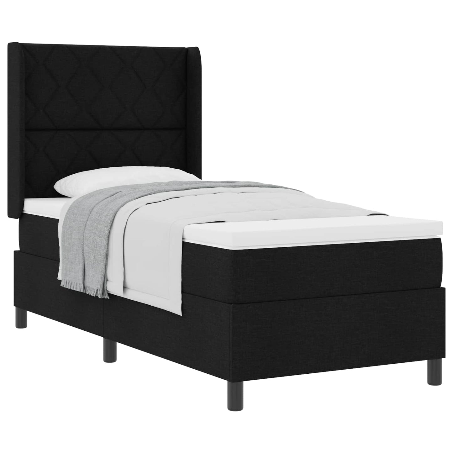 Boxrugós ágy párnával fejtámlával Fekete 200 x 90 cm szövet