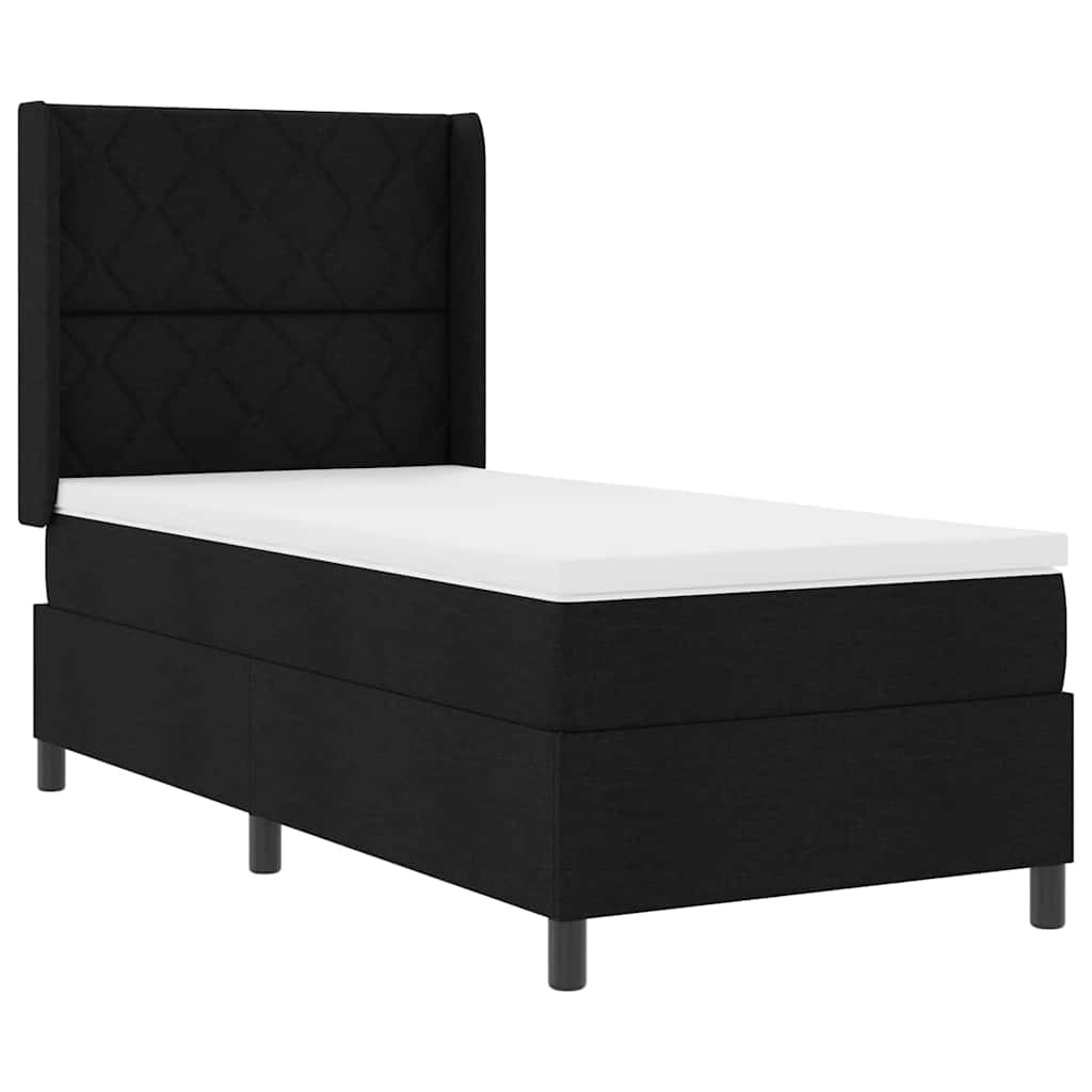 Boxrugós ágy párnával fejtámlával Fekete 200 x 90 cm szövet