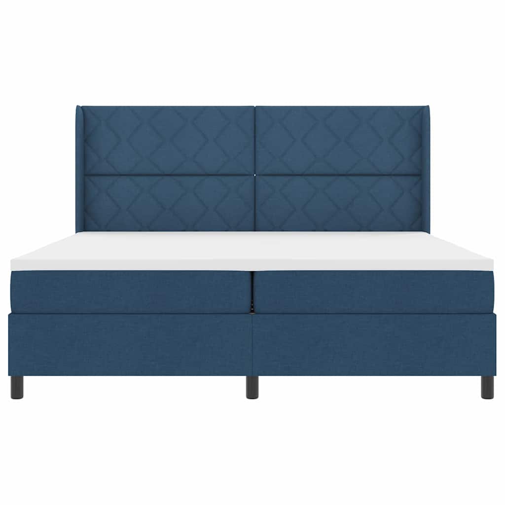 Boxrugós ágy párnával fejtámlával Kék 200 x 200 cm szövet