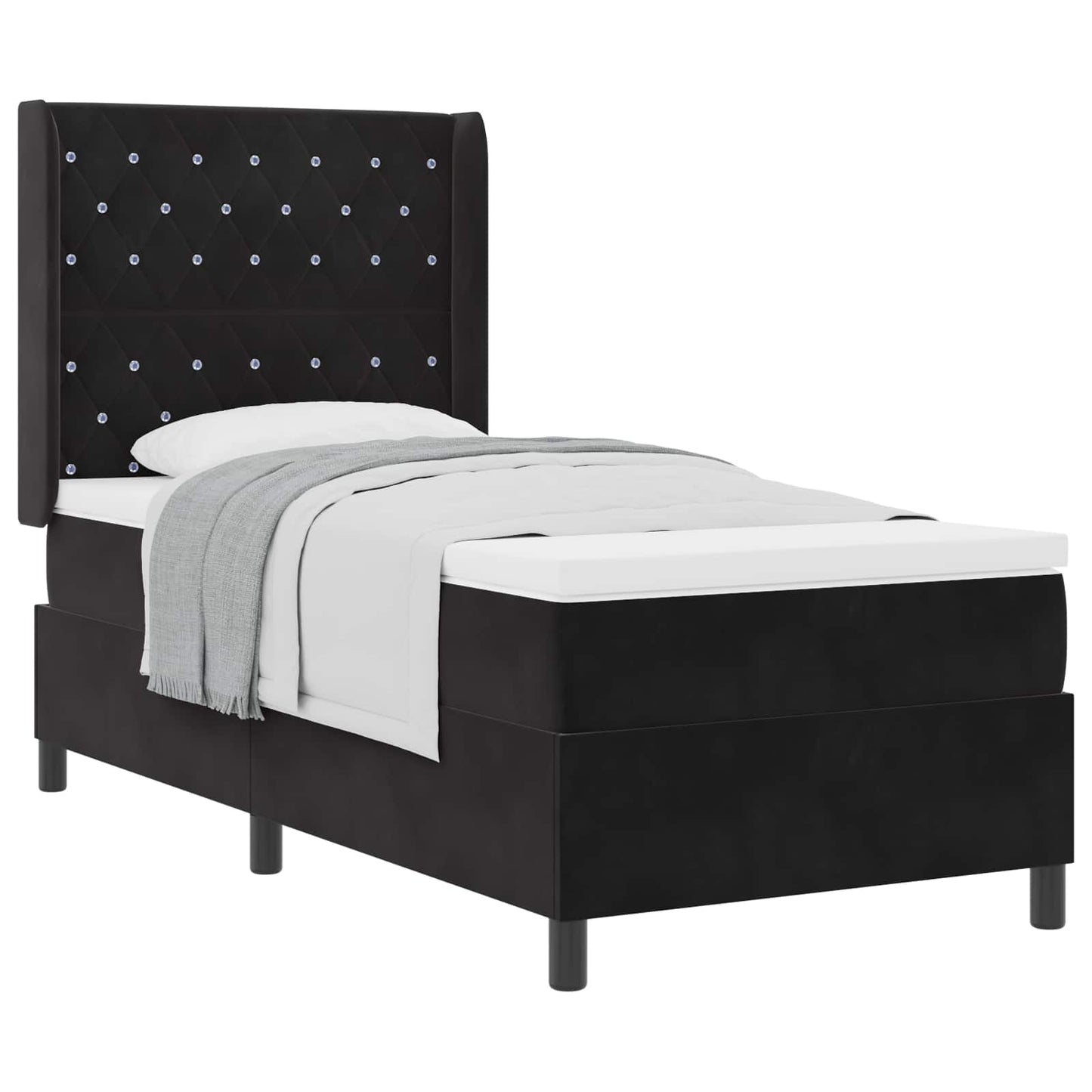 Boxrugós ágy matracmal fejtámlával Fekete 90 x 190 cm Bársony