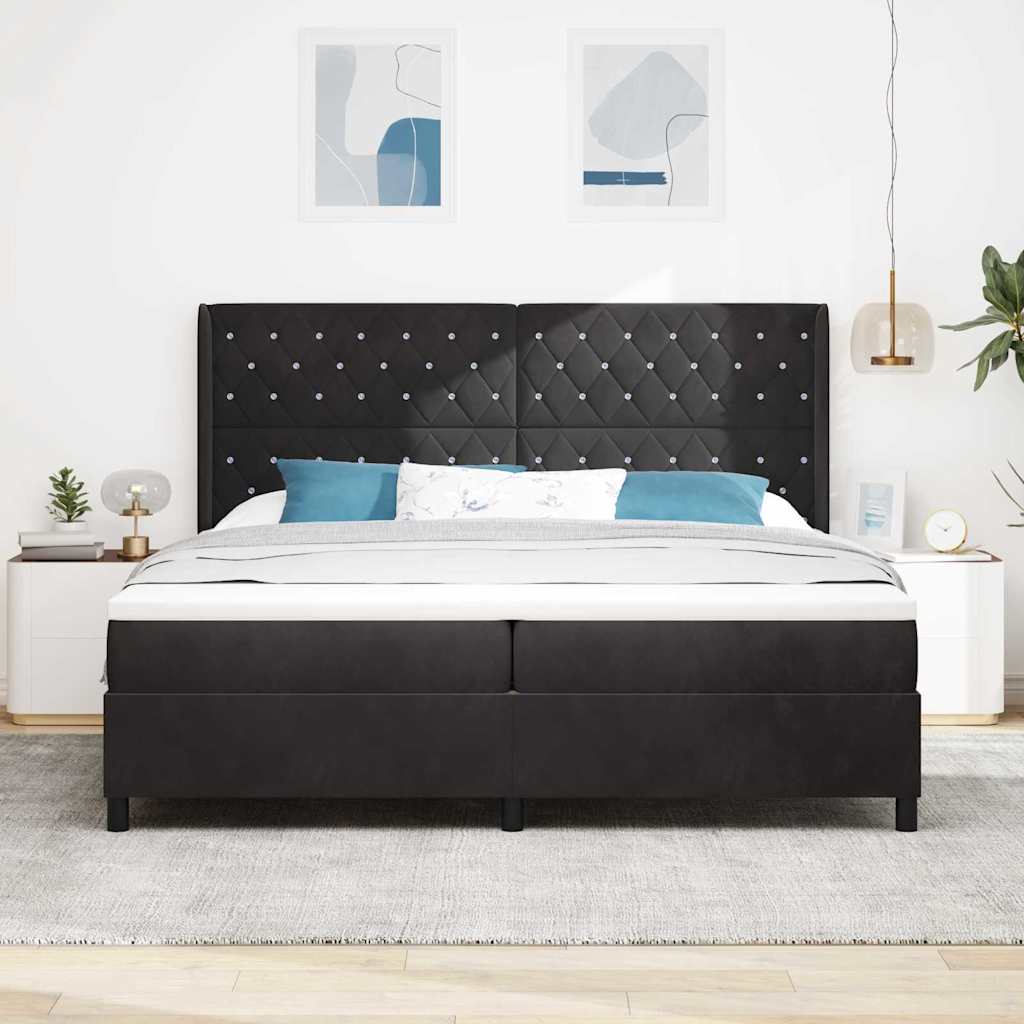 Boxrugós ágy matracmal fejtámlával Fekete 200 x 200 cm Bársony