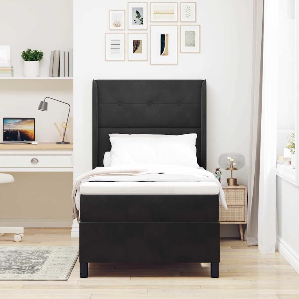 Boxrugós ágy fejtámlával Fekete 80 x 200 cm Bársony