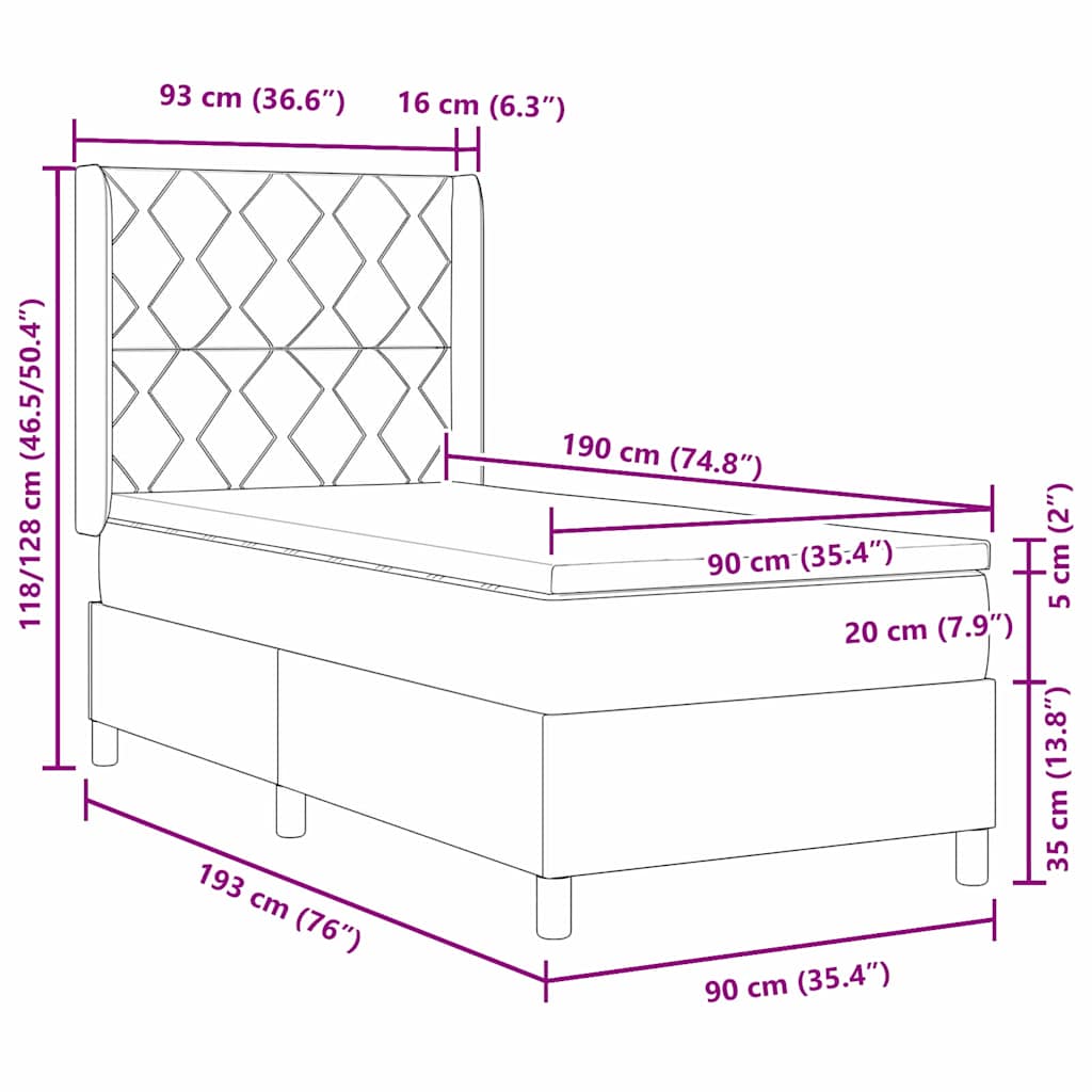 Boxrugós ágy fejtámlával Fekete 90 x 190 cm Bársony
